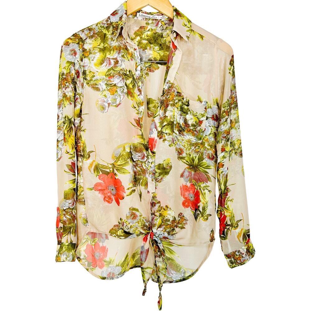 Liberty Love Floral Print Sheer Button Down Blouse Size XS